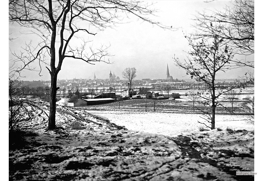 Blick aus dem Wossidlopark auf die Rahtkens’sche Dachpappenfabrik und Rostock (1928)