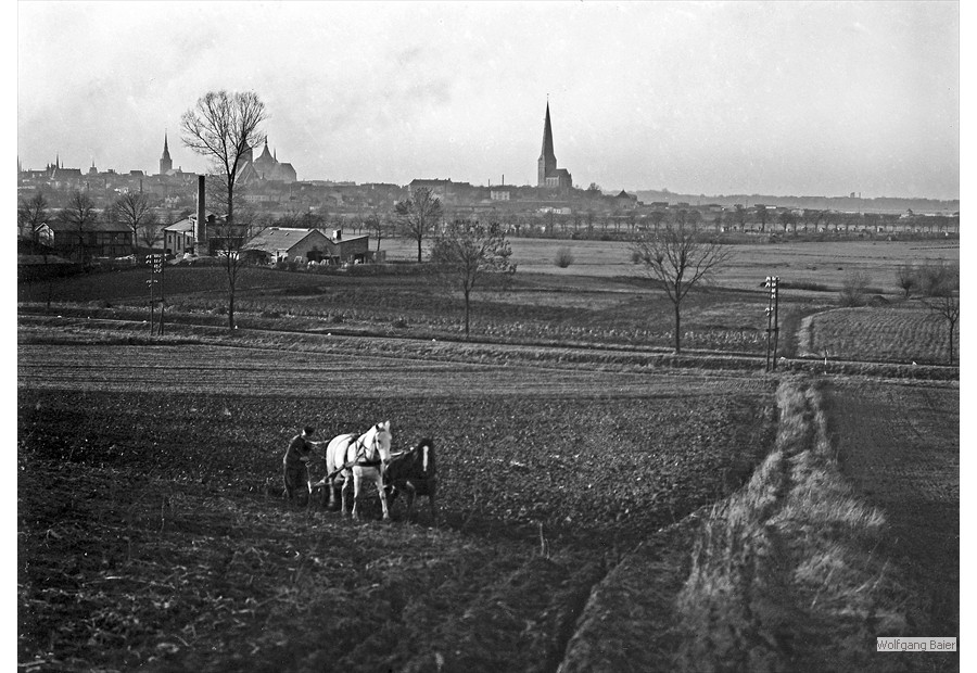 Blick vom Kasper-Ohm-Weg auf die Dachpappenfabrik und Rostock (1932)